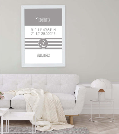 Personalized coordinate picture "HOME HARBOR" with anchor striped