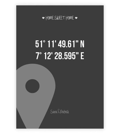 Personalisiertes Bild "HOME SWEET HOME" - GPS, Bildfarbe: Anthrazit/Schwarz, Bildgröße: 13x18cm, DIN A4, DIN A3, Bilderrahmen: Ohne Bilderrahmen, Copyright: 321geschenke.de