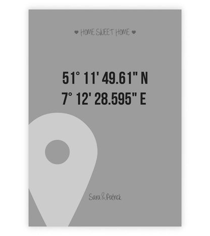 Personalisiertes Bild "HOME SWEET HOME" - GPS, Bildfarbe: Grau, Bildgröße: 13x18cm, DIN A4, DIN A3, Bilderrahmen: Ohne Bilderrahmen, Copyright: 321geschenke.de