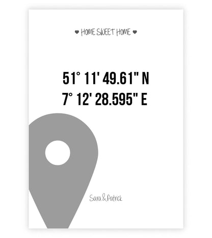 Personalisiertes Bild "HOME SWEET HOME" - GPS, Bildfarbe: Weiß, Bildgröße: 13x18cm, DIN A4, DIN A3, Bilderrahmen: Ohne Bilderrahmen, Copyright: 321geschenke.de