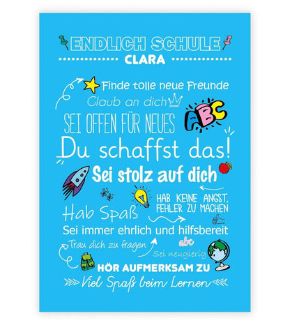 Personalisiertes Poster "Endlich Schule" Motivationssprüche, Bildfarbe: Blau, Bildgröße: 13x18cm, DIN A4, DIN A3, Bilderrahmen: Ohne Bilderrahmen, Copyright: 321geschenke.de