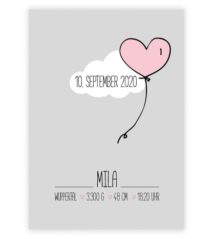 Personalized picture "birth poster" cloud with heart balloon