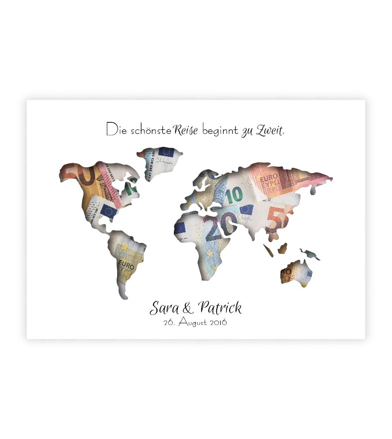 Geldgeschenk "Weltkarte" gemeinsame Reise, konturgeschnitten, Bildgröße: 13x18cm, DIN A4, DIN A3, Bilderrahmen: Ohne Bilderrahmen, Copyright: 321geschenke.de