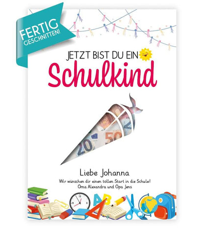 Geldgeschenk "SCHULKIND", konturgeschnitten, Bildgröße: 13x18cm, DIN A4, DIN A3, Bilderrahmen: ohne Bilderrahmen, Bilderrahmen weiß, Bilderrahmen schwarz, Bilderrahmen weiß mit Passepartout, Bilderrahmen schwarz mit Passepartout, Copyright: 321geschenke.d