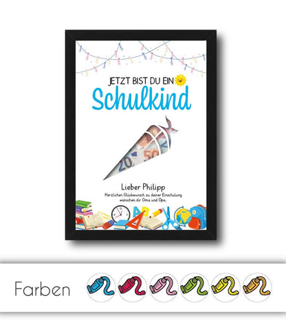 Geldgeschenk "SCHULKIND", konturgeschnitten, Bildgröße: 13x18cm, DIN A4, DIN A3, Bilderrahmen: ohne Bilderrahmen, Bilderrahmen weiß, Bilderrahmen schwarz, Bilderrahmen weiß mit Passepartout, Bilderrahmen schwarz mit Passepartout, Copyright: 321geschenke.d