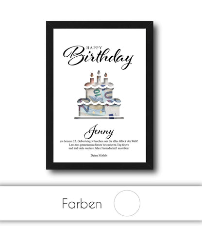 Geldgeschenk "GEBURTSTAG", konturgeschnitten, Bildgröße: 13x18cm, DIN A4, DIN A3, Bilderrahmen: ohne Bilderrahmen, Bilderrahmen weiß, Bilderrahmen schwarz, Bilderrahmen weiß mit Passepartout, Bilderrahmen schwarz mit Passepartout, Copyright: 321geschenke.