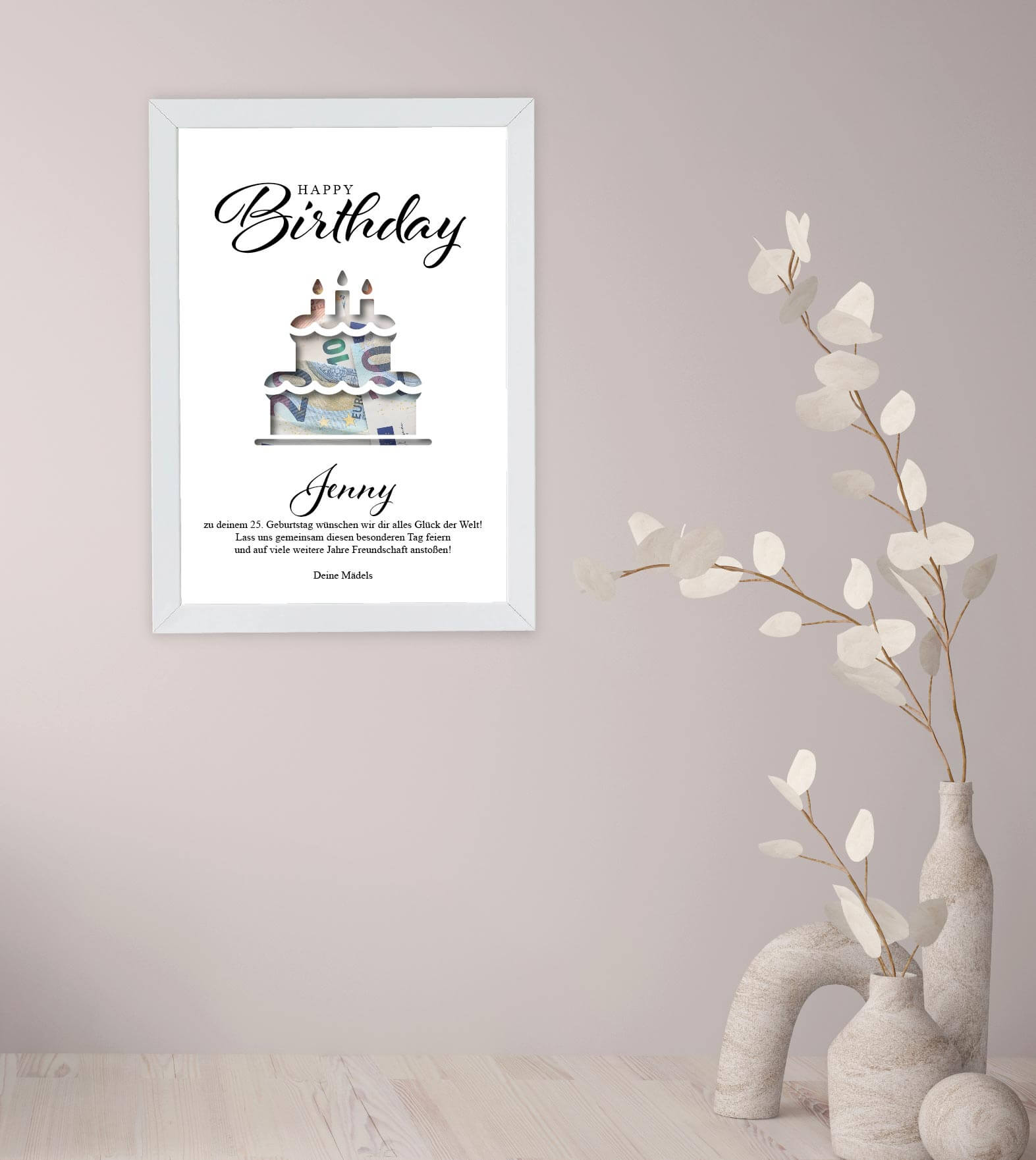 Anwendungsbild_Geldgeschenk "GEBURTSTAG", konturgeschnitten, Bildgröße: 13x18cm, DIN A4, DIN A3, Bilderrahmen: ohne Bilderrahmen, Bilderrahmen weiß, Bilderrahmen schwarz, Bilderrahmen weiß mit Passepartout, Bilderrahmen schwarz mit Passepartout, Copyright