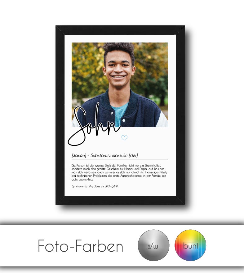 Personalisiertes Foto-Poster "SOHN" mit Definition, Bildgröße: 13x18cm, DIN A4, DIN A3, Bilderrahmen: Ohne Bilderrahmen, Bilderrahmen weiß, Bilderrahmen schwarz, Bilderrahmen weiß mit Passepartout, Bilderrahmen schwarz mit Passepartout, Copyright: 321gesc