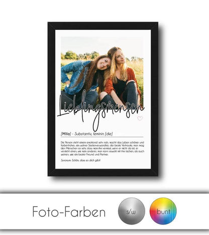 Personalisiertes Foto-Poster "LIEBLINGSMENSCH" mit Definition, Bildgröße: 13x18cm, DIN A4, DIN A3, Bilderrahmen: Ohne Bilderrahmen, Bilderrahmen weiß, Bilderrahmen schwarz, Bilderrahmen weiß mit Passepartout, Bilderrahmen schwarz mit Passepartout, Copyrig