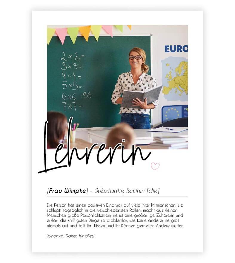 Personalisiertes Foto-Poster "LEHRERIN" mit Definition, Bildgröße: 13x18cm, DIN A4, DIN A3, Bilderrahmen: Ohne Bilderrahmen, Bilderrahmen weiß, Bilderrahmen schwarz, Bilderrahmen weiß mit Passepartout, Bilderrahmen schwarz mit Passepartout, Copyright: 321