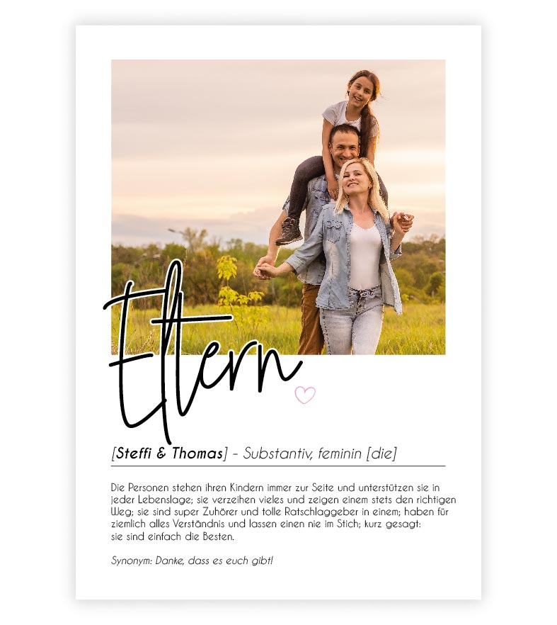 Personalisiertes Foto-Poster "Eltern" mit Definition, Bildgröße: 13x18cm, DIN A4, DIN A3, Bilderrahmen: Ohne Bilderrahmen, Bilderrahmen weiß, Bilderrahmen schwarz, Bilderrahmen weiß mit Passepartout, Bilderrahmen schwarz mit Passepartout, Copyright: 321ge