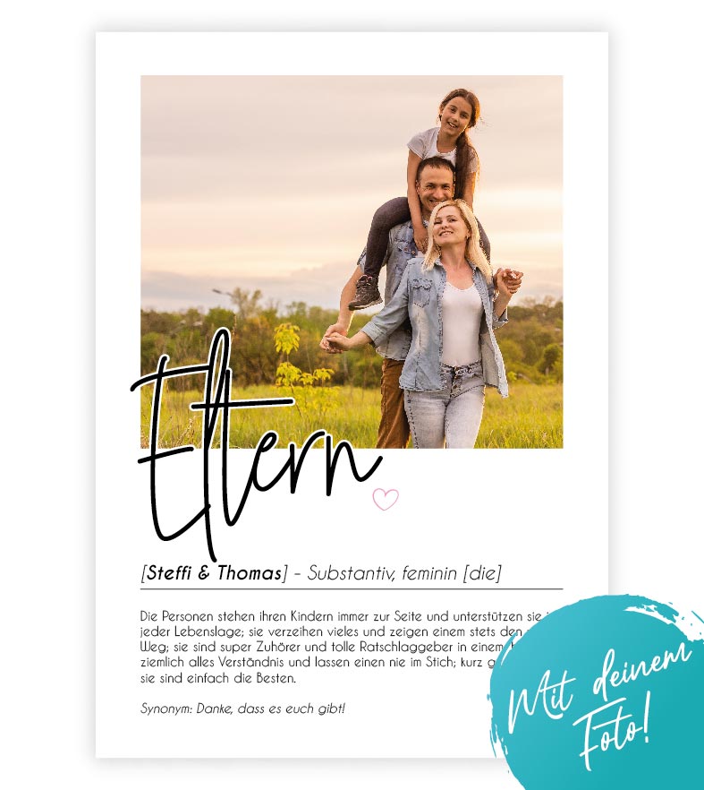 Personalisiertes Foto-Poster "Eltern" mit Definition, Bildgröße: 13x18cm, DIN A4, DIN A3, Bilderrahmen: Ohne Bilderrahmen, Bilderrahmen weiß, Bilderrahmen schwarz, Bilderrahmen weiß mit Passepartout, Bilderrahmen schwarz mit Passepartout, Copyright: 321ge