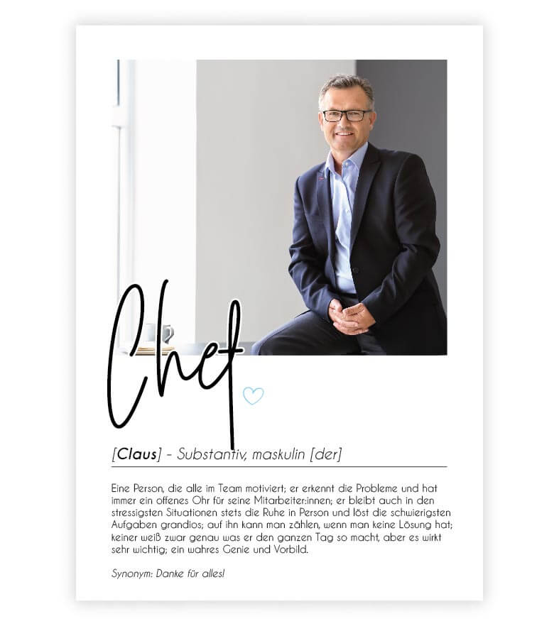 Personalisiertes Foto-Poster "Chef" mit Definition, Bildgröße: 13x18cm, DIN A4, DIN A3, Bilderrahmen: Ohne Bilderrahmen, Bilderrahmen weiß, Bilderrahmen schwarz, Bilderrahmen weiß mit Passepartout, Bilderrahmen schwarz mit Passepartout, Copyright: 321gesc