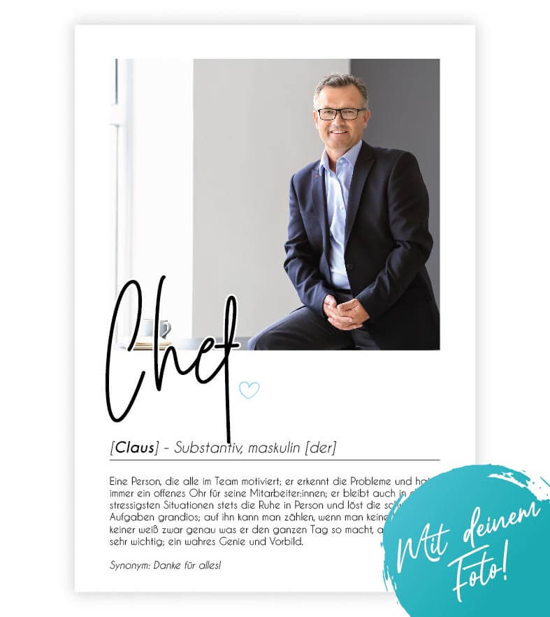 Personalisiertes Foto-Poster "Chef" mit Definition, Bildgröße: 13x18cm, DIN A4, DIN A3, Bilderrahmen: Ohne Bilderrahmen, Bilderrahmen weiß, Bilderrahmen schwarz, Bilderrahmen weiß mit Passepartout, Bilderrahmen schwarz mit Passepartout, Copyright: 321gesc