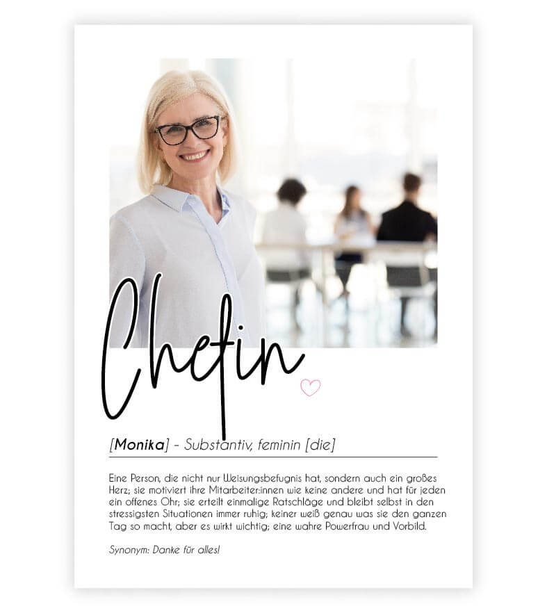 Personalisiertes Foto-Poster "Chefin" mit Definition, Bildgröße: 13x18cm, DIN A4, DIN A3, Bilderrahmen: Ohne Bilderrahmen, Bilderrahmen weiß, Bilderrahmen schwarz, Bilderrahmen weiß mit Passepartout, Bilderrahmen schwarz mit Passepartout, Copyright: 321ge