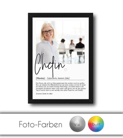 Personalisiertes Foto-Poster "Chefin" mit Definition, Bildgröße: 13x18cm, DIN A4, DIN A3, Bilderrahmen: Ohne Bilderrahmen, Bilderrahmen weiß, Bilderrahmen schwarz, Bilderrahmen weiß mit Passepartout, Bilderrahmen schwarz mit Passepartout, Copyright: 321ge