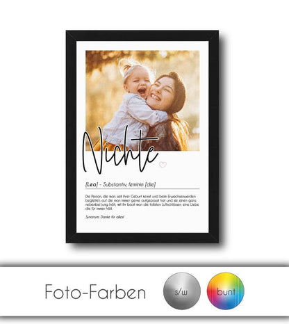 Personalisiertes Foto-Poster "Nichte" mit Definition, Bildgröße: 13x18cm, DIN A4, DIN A3, Bilderrahmen: Ohne Bilderrahmen, Bilderrahmen weiß, Bilderrahmen schwarz, Bilderrahmen weiß mit Passepartout, Bilderrahmen schwarz mit Passepartout, Copyright: 321ge