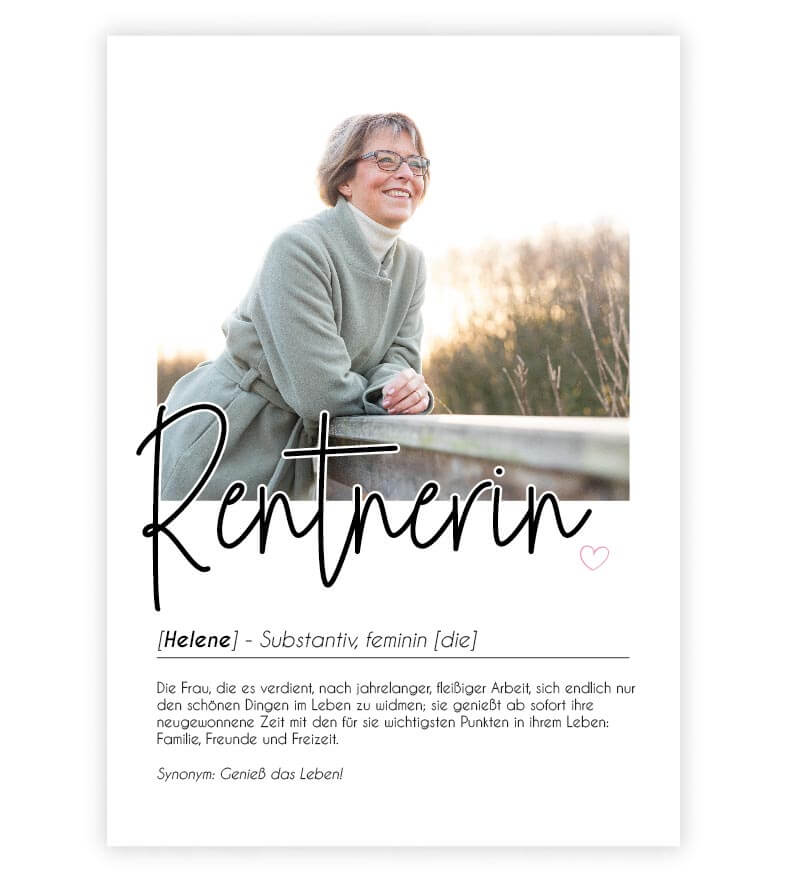 Personalisiertes Foto-Poster "Rentnerin" mit Definition, Bildgröße: 13x18cm, DIN A4, DIN A3, Bilderrahmen: Ohne Bilderrahmen, Bilderrahmen weiß, Bilderrahmen schwarz, Bilderrahmen weiß mit Passepartout, Bilderrahmen schwarz mit Passepartout, Copyright: 32