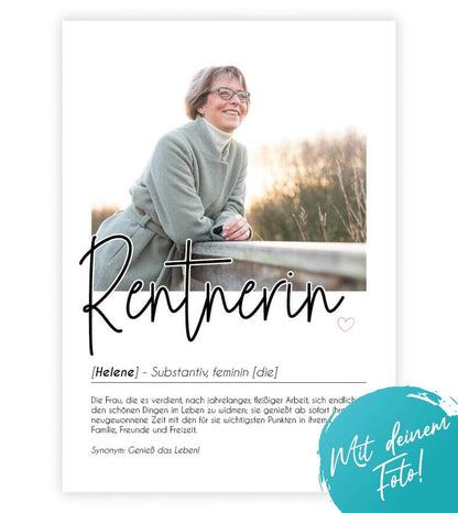 Personalisiertes Foto-Poster "Rentnerin" mit Definition, Bildgröße: 13x18cm, DIN A4, DIN A3, Bilderrahmen: Ohne Bilderrahmen, Bilderrahmen weiß, Bilderrahmen schwarz, Bilderrahmen weiß mit Passepartout, Bilderrahmen schwarz mit Passepartout, Copyright: 32