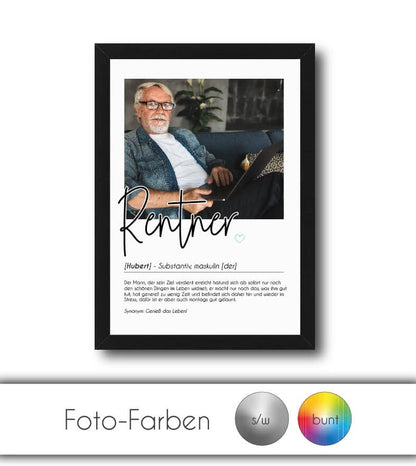 Personalisiertes Foto-Poster "Rentner" mit Definition, Bildgröße: 13x18cm, DIN A4, DIN A3, Bilderrahmen: Ohne Bilderrahmen, Bilderrahmen weiß, Bilderrahmen schwarz, Bilderrahmen weiß mit Passepartout, Bilderrahmen schwarz mit Passepartout, Copyright: 321g