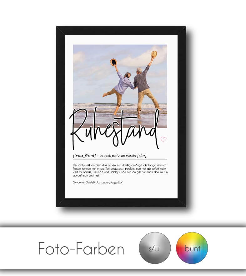 Personalisiertes Foto-Poster "Ruhestand" mit Definition, Bildgröße: 13x18cm, DIN A4, DIN A3, Bilderrahmen: Ohne Bilderrahmen, Bilderrahmen weiß, Bilderrahmen schwarz, Bilderrahmen weiß mit Passepartout, Bilderrahmen schwarz mit Passepartout, Copyright: 32