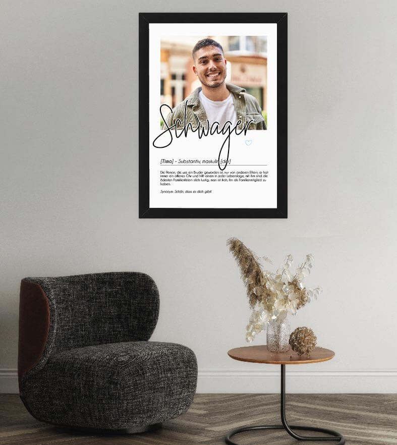 Anwendungsbild_Personalisiertes Foto-Poster "Schwager" mit Definition, Bildgröße: 13x18cm, DIN A4, DIN A3, Bilderrahmen: Ohne Bilderrahmen, Bilderrahmen weiß, Bilderrahmen schwarz, Bilderrahmen weiß mit Passepartout, Bilderrahmen schwarz mit Passepartout,