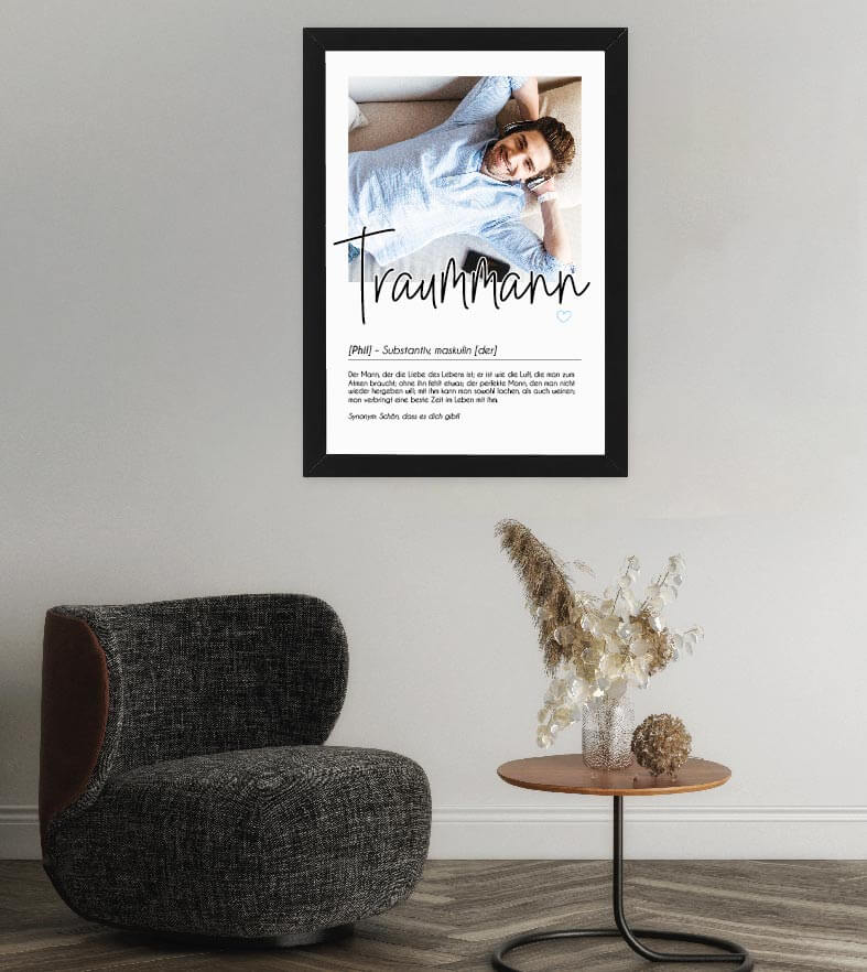 Anwendungsbild_Personalisiertes Foto-Poster "Traummann" mit Definition, Bildgröße: 13x18cm, DIN A4, DIN A3, Bilderrahmen: Ohne Bilderrahmen, Bilderrahmen weiß, Bilderrahmen schwarz, Bilderrahmen weiß mit Passepartout, Bilderrahmen schwarz mit Passepartout