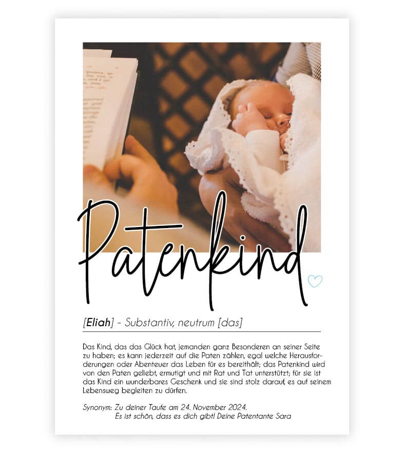 Personalisiertes Foto-Poster "Patenkind" mit Definition, Bildgröße: 13x18cm, DIN A4, DIN A3, Bilderrahmen: Ohne Bilderrahmen, Bilderrahmen weiß, Bilderrahmen schwarz, Bilderrahmen weiß mit Passepartout, Bilderrahmen schwarz mit Passepartout, Copyright: 32