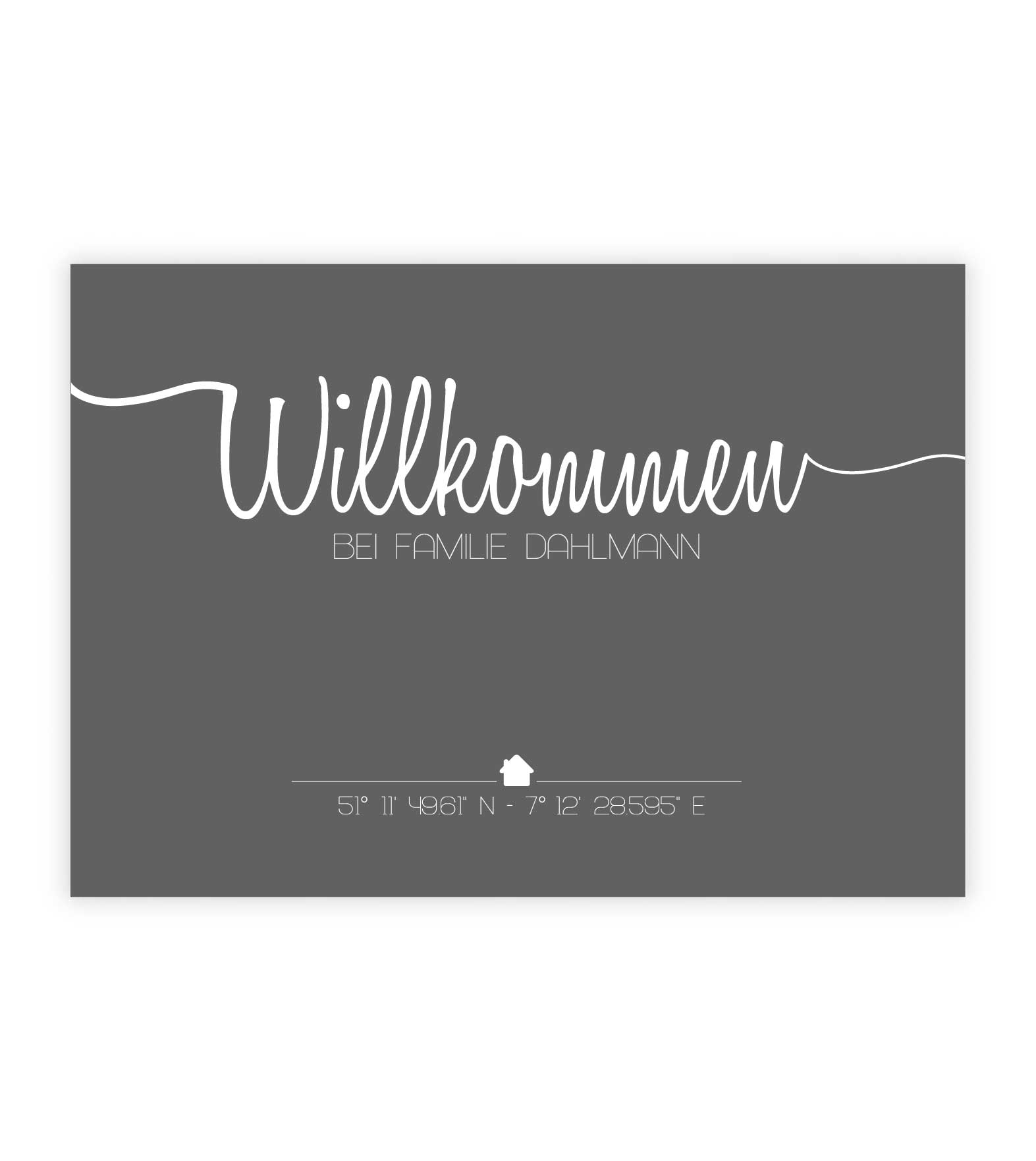 Personalisiertes Bild “WILLKOMMEN”, Bildfarbe: Anthrazit/Schwarz, Bildgröße: 13x18cm, DIN A4, DIN A3, Bilderrahmen: Ohne Bilderrahmen, Copyright: 321geschenke.de