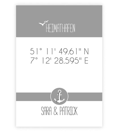 Personalisiertes Koordinaten Bild “HEIMATHAFEN” mit Anker, Bildfarbe: Grau, Bildgröße: 13x18cm, DIN A4, DIN A3, Bilderrahmen: Ohne Bilderrahmen, Copyright: 321geschenke.de