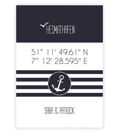 Personalisiertes Koordinaten Bild “HEIMATHAFEN” mit Anker gestreift, Bildfarbe: Maritime/Blau, Bildgröße: 13x18cm, Bilderrahmen: Ohne Bilderrahmen, Copyright:321geschenke.de