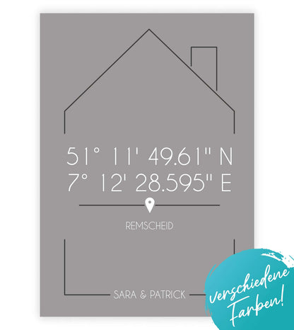 Personalisiertes Koordinatenbild “DAHEIM”, Bildfarbe: Anthrazit/Schwarz, Grau, Weiß, Bildgröße: 13x18cm, DIN A4, DIN A3, Bilderrahmen: Ohne Bilderrahmen, Bilderrahmen weiß ohne Passepartout, Bilderrahmen schwarz ohne Passepartout, Bilderrahmen weiß mit Passepartout, Bilderrahmen schwarz mit Passepartout, Copyright: 321geschenke.de