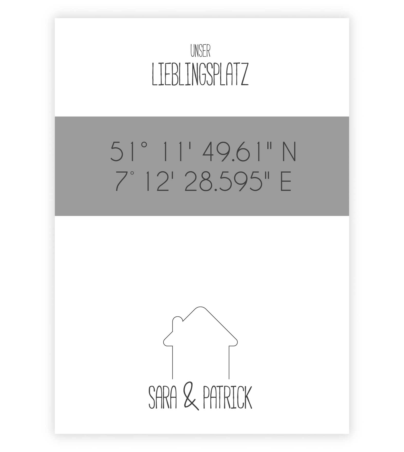 Personalisiertes Koordinaten Bild “Lieblingsort Haus”, Bildfarbe: Grau, Bildgröße: 13x18cm, DIN A4, DIN A3, Bilderrahmen: Ohne Bilderrahmen, Copyright: 321geschenke.de