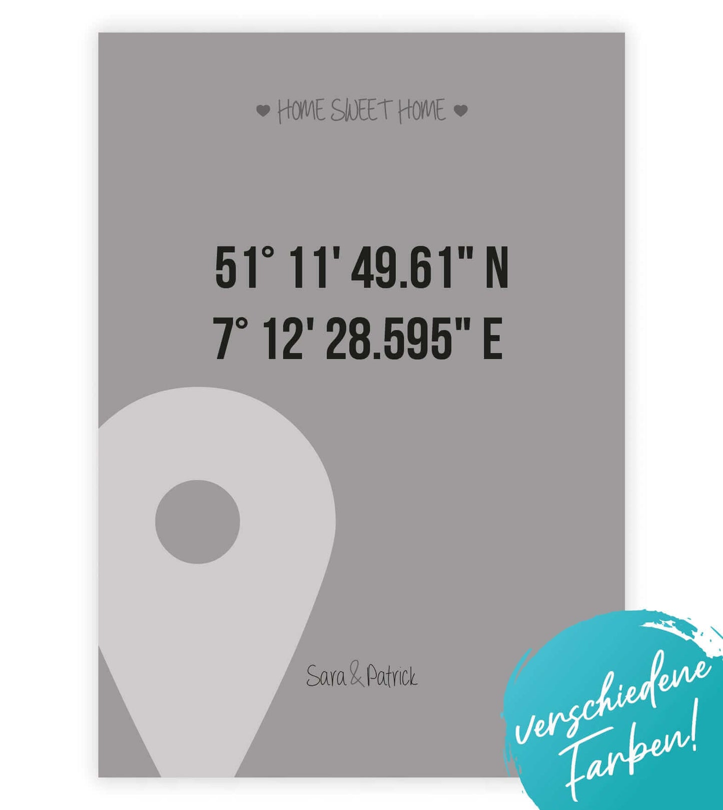 Personalisiertes Bild "HOME SWEET HOME GPS" in grau, weiß oder schwarz/anthrazit, Copyright: 321geschenke.de