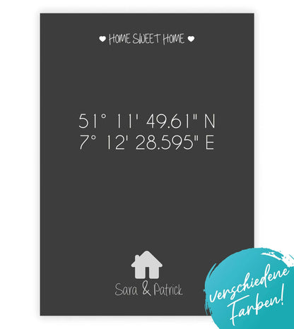 Personalisiertes Bild "HOME SWEET HOME HAUS" in grau, weiß oder schwarz/anthrazit, Copyright: 321geschenke.de