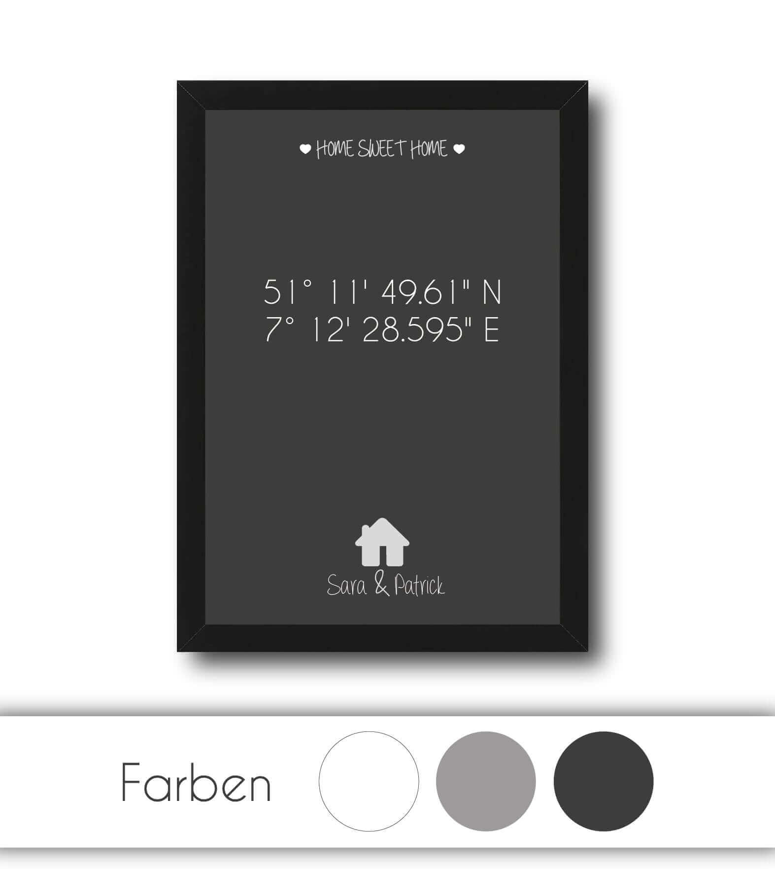 Personalisiertes Bild "HOME SWEET HOME HAUS" in grau, weiß oder schwarz/anthrazit, Copyright: 321geschenke.de