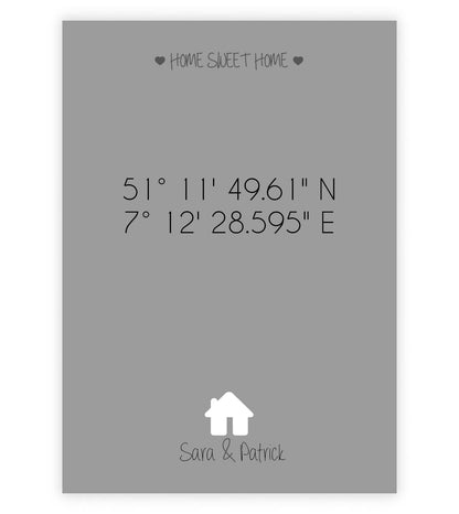 Personalisiertes Koordinaten Bild “ HOME SWEET HOME HAUS”, Bildfarbe: Grau, Bildgröße: 13x18cm, DIN A4, DIN A3, Bilderrahmen: Ohne Bilderrahmen, Copyright: 321geschenke.de