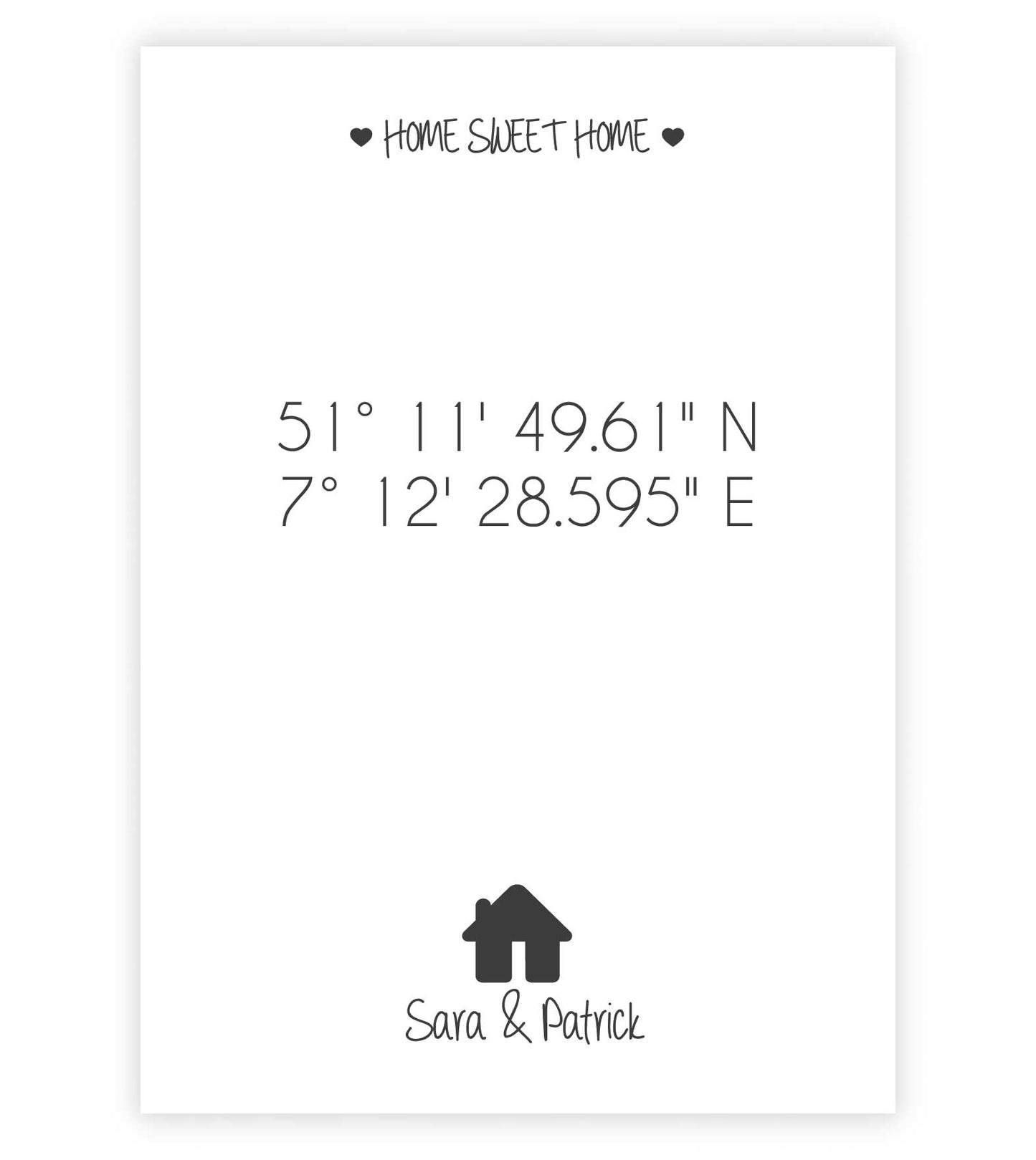 Personalisiertes Koordinaten Bild “ HOME SWEET HOME HAUS”, Bildfarbe: Weiß, Bildgröße: 13x18cm, DIN A4, DIN A3, Bilderrahmen: Ohne Bilderrahmen, Copyright: 321geschenke.de
