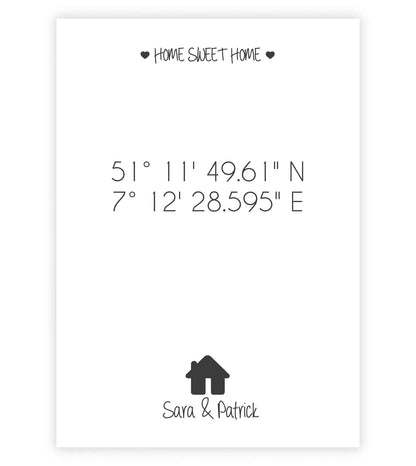 Personalisiertes Koordinaten Bild “ HOME SWEET HOME HAUS”, Bildfarbe: Weiß, Bildgröße: 13x18cm, DIN A4, DIN A3, Bilderrahmen: Ohne Bilderrahmen, Copyright: 321geschenke.de