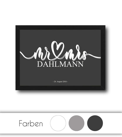 Personalisiertes Bild „Mr & Mrs”, Bildfarbe: Anthrazit/Schwarz, Grau, Weiß, Bildgröße: 13x18cm, DIN A4, DIN A3, Bilderrahmen: Ohne Bilderrahmen, Bilderrahmen weiß ohne Passepartout, Bilderrahmen schwarz ohne Passepartout, Bilderrahmen weiß mit Passepartout, Bilderrahmen schwarz mit Passepartout, Copyright:321geschenke.de