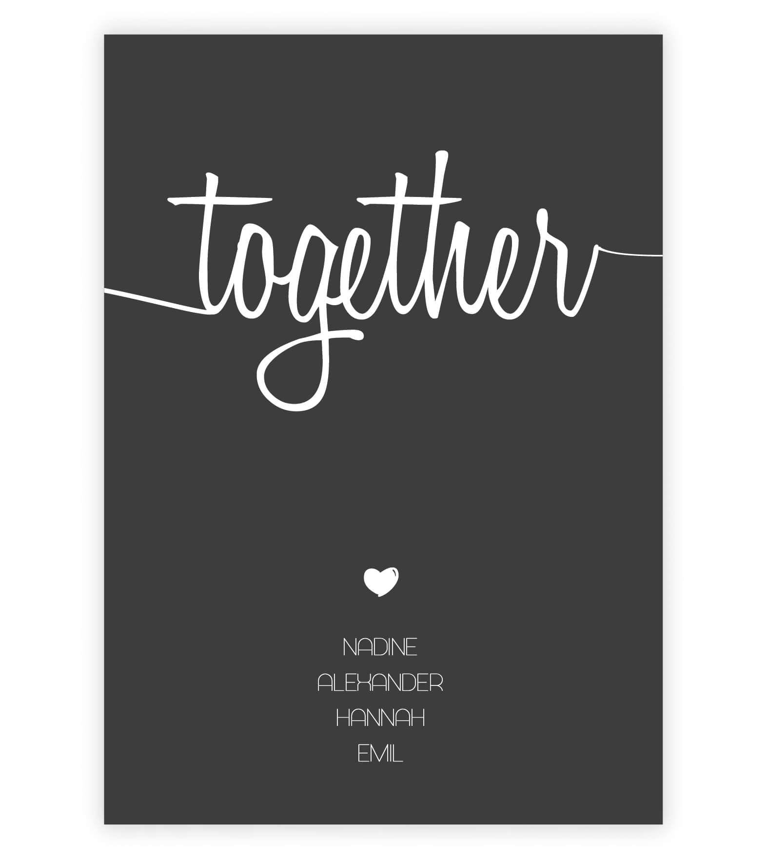 Personalisiertes Familienbild “TOGETHER”, Bildfarbe: Anthrazit/Schwarz, Bildgröße: 13x18cm, DIN A4, DIN A3, Bilderrahmen: Ohne Bilderrahmen, Copyright:321geschenke.de