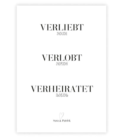 Personalisiertes Bild “VERLIEBT - VERLOBT - VERHEIRATET” - Datum, Bildfarbe: Weiß, Bildgröße: 13x18cm, DIN A4, DIN A3, Bilderrahmen: Ohne Bilderrahmen, Bilderrahmen weiß ohne Passepartout, Bilderrahmen schwarz ohne Passepartout, Bilderrahmen weiß mit Pass
