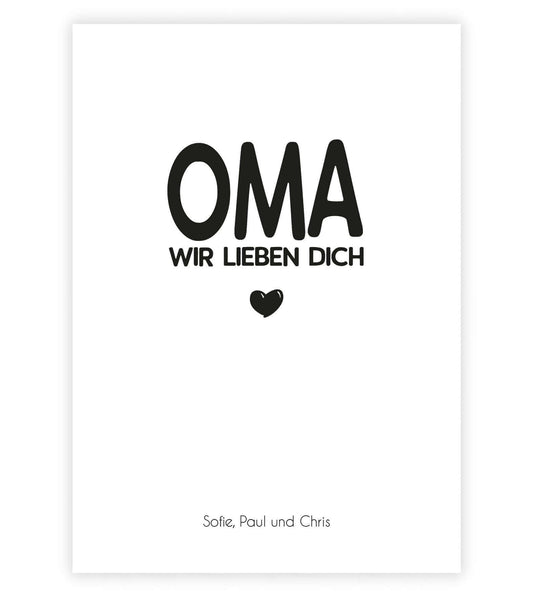 Personalisiertes Bild “OMA - Wir lieben dich”, Bildgröße: 13x18cm, DIN A4, DIN A3, Bilderrahmen: Ohne Bilderrahmen, Bilderrahmen weiß ohne Passepartout, Bilderrahmen schwarz ohne Passepartout, Bilderrahmen weiß mit Passepartout, Bilderrahmen schwarz mit Passepartout, ,Copyright: 321geschenke.de