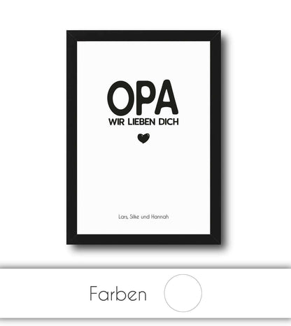 Personalisiertes Bild “OPA - Wir lieben dich”, Bildgröße: 13x18cm, DIN A4, DIN A3, Bilderrahmen: Ohne Bilderrahmen, Bilderrahmen weiß ohne Passepartout, Bilderrahmen schwarz ohne Passepartout, Bilderrahmen weiß mit Passepartout, Bilderrahmen schwarz mit Passepartout, ,Copyright: 321geschenke.de