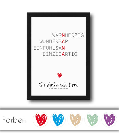 Personalisiertes Bild Wörterposter" - MAMA, Bildfarbe: Weiß, Bildgröße: 13x18cm, DIN A4, DIN A3, Bilderrahmen: Ohne Bilderrahmen, Bilderrahmen weiß ohne Passepartout, Bilderrahmen schwarz ohne Passepartout, Bilderrahmen weiß mit Passepartout, Bilderrahmen