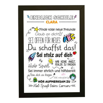 Personalisiertes Poster "Endlich Schule" Motivationssprüche, Bildfarbe: Weiß, Bildgröße: 13x18cm, Bilderrahmen: Bilderrahmen schwarz ohne Passepartout, Copyright: 321geschenke.de