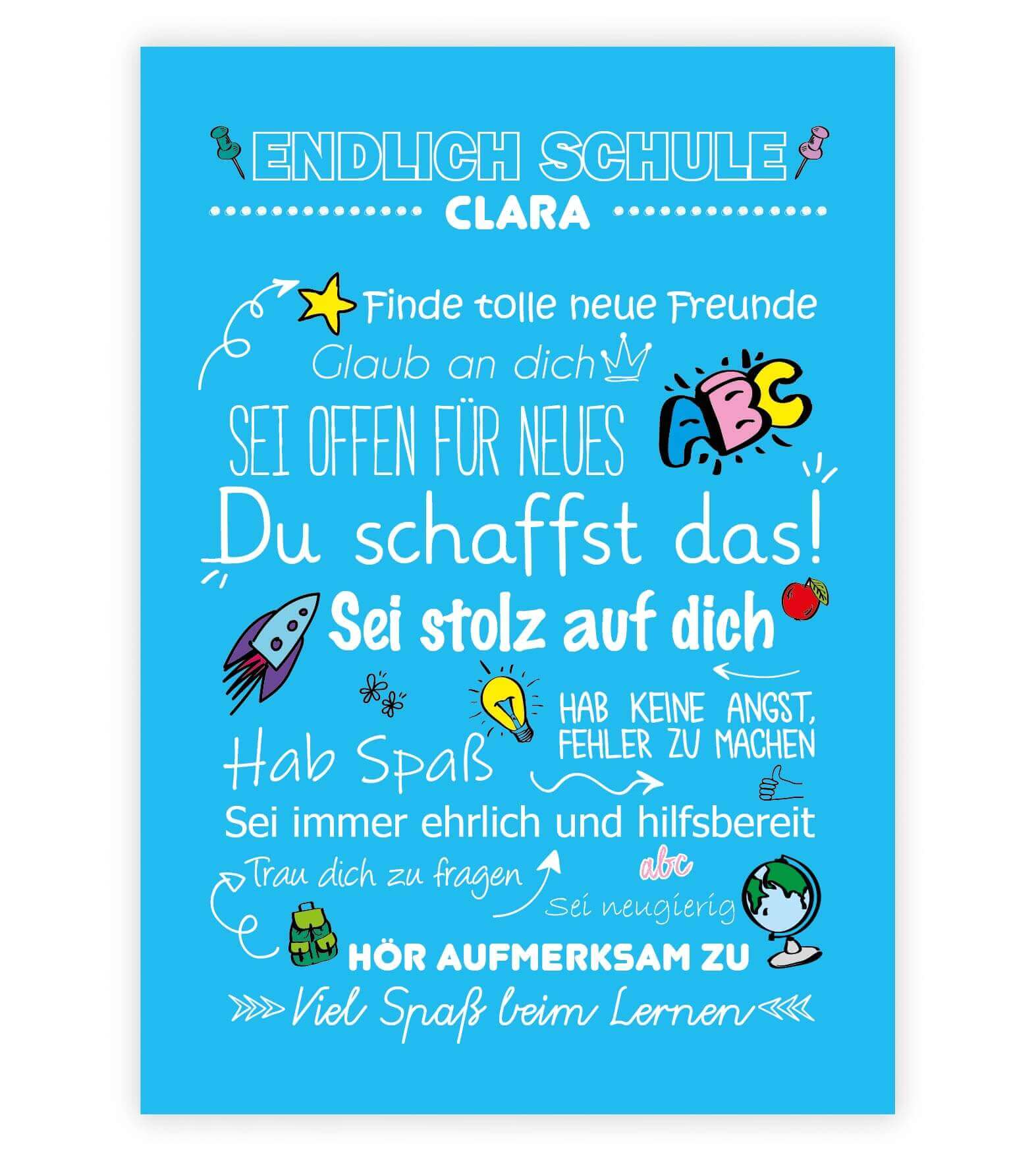 Personalisiertes Poster "Endlich Schule" Motivationssprüche, Bildfarbe: Blau, Bildgröße: 13x18cm, DIN A4, DIN A3, Bilderrahmen: Ohne Bilderrahmen, Copyright: 321geschenke.de