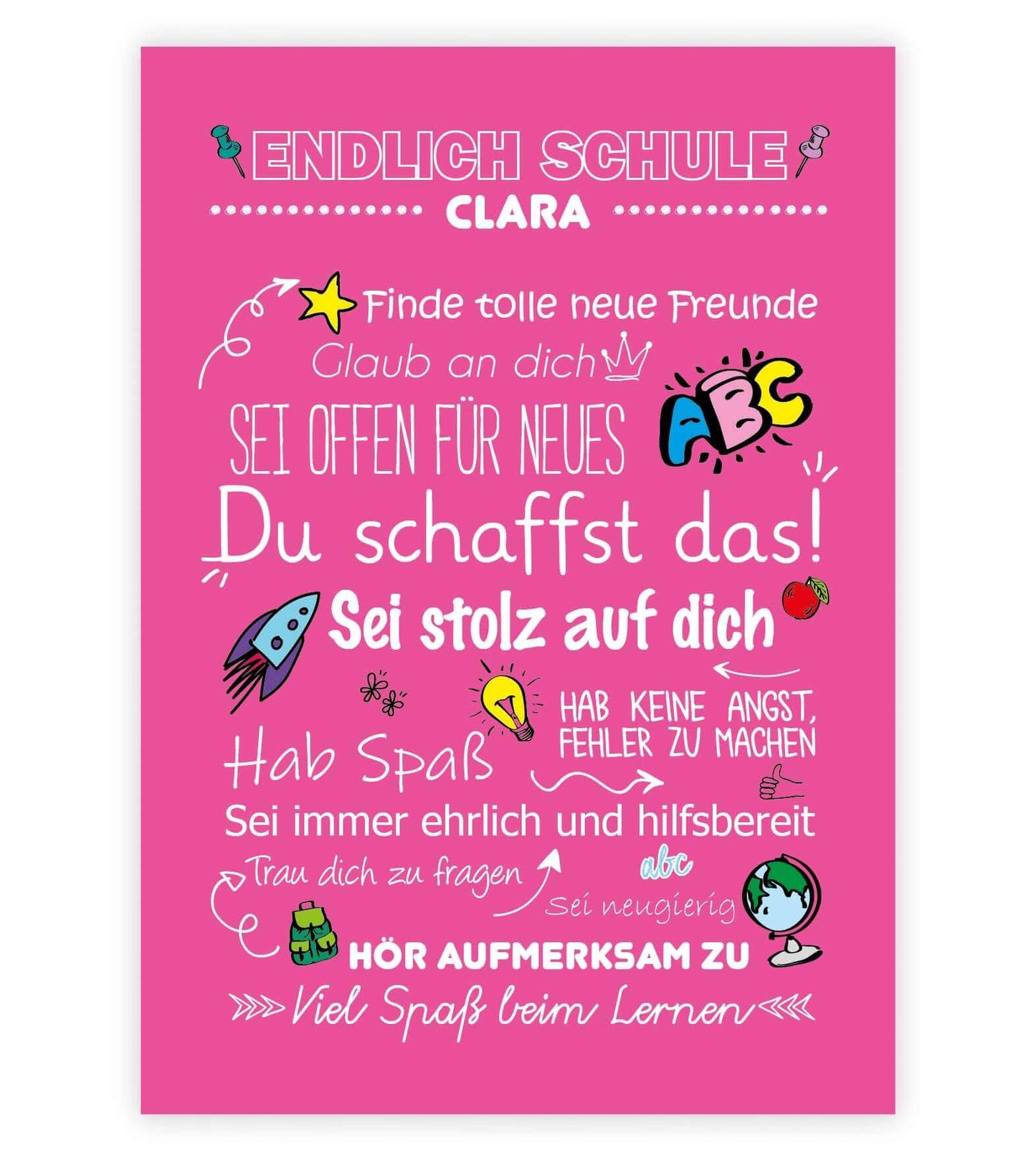 Personalisiertes Poster "Endlich Schule" Motivationssprüche, Bildfarbe: Pink, Bildgröße: 13x18cm, DIN A4, DIN A3, Bilderrahmen: Ohne Bilderrahmen, Copyright: 321geschenke.de