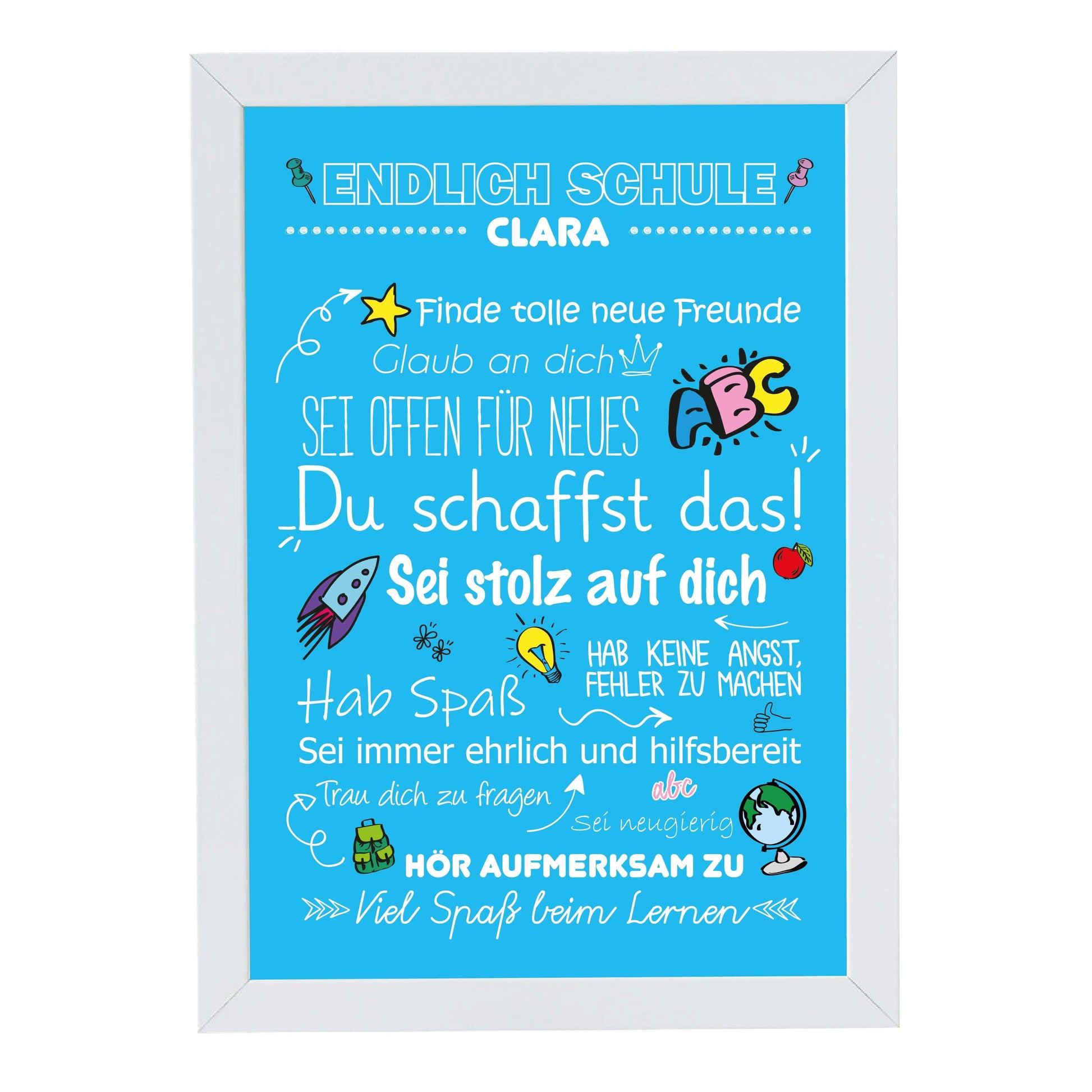 Personalisiertes Poster "Endlich Schule" Motivationssprüche, Bildfarbe: Blau, Bildgröße: 13x18cm, Bilderrahmen: Ohne Bilderrahmen, Copyright: 321geschenke.de