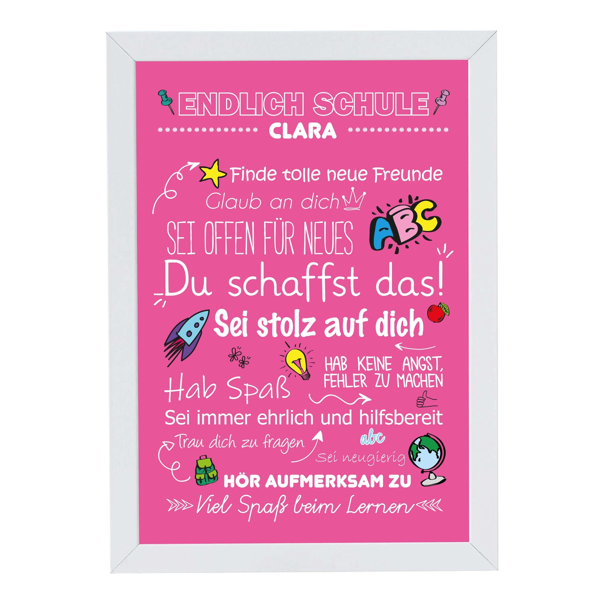 Personalisiertes Poster "Endlich Schule" Motivationssprüche, Bildfarbe: Pink, Bildgröße: 13x18cm, Bilderrahmen: Ohne Bilderrahmen, Copyright: 321geschenke.de